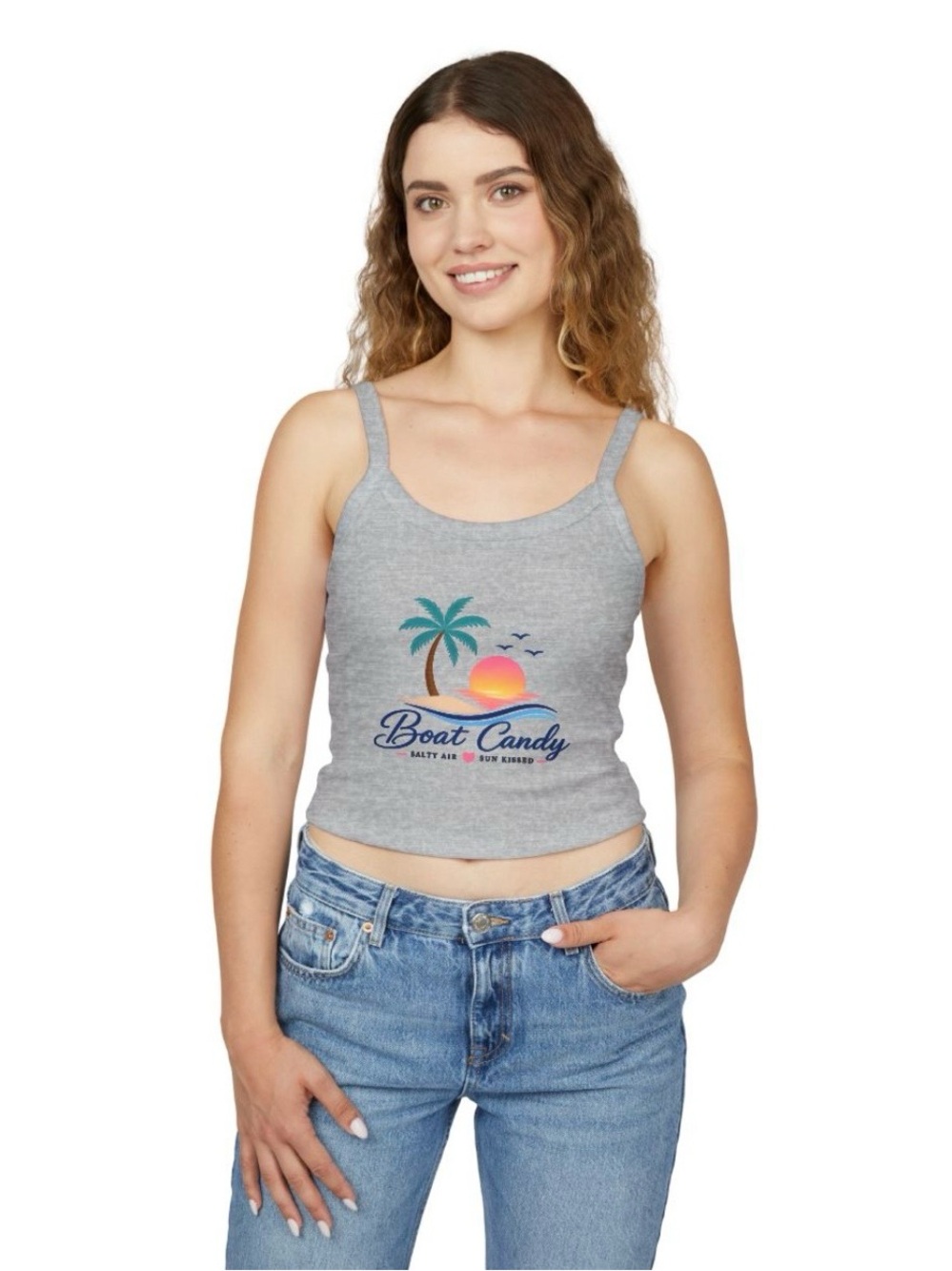 🍭🍬 BOAT CANDY 🍬🍭 Bella Canvas Tank Top with Teal Palm Tree & Pink Sunset